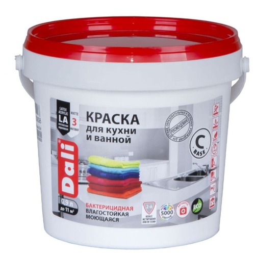 Краска для кухни и ванной акриловая Dali 20914 моющаяся база С 0,9 л