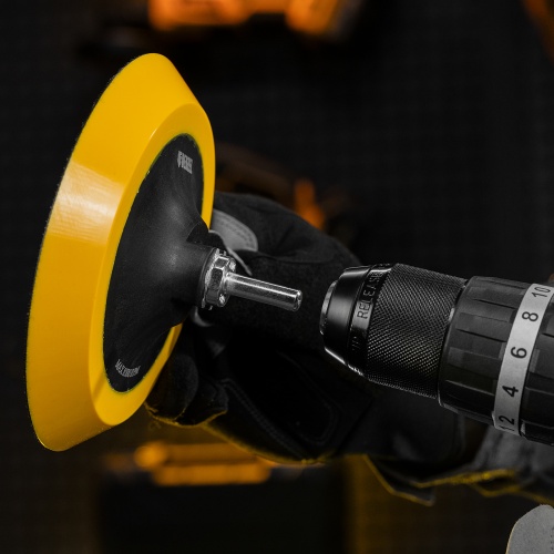 Тарелка опорная для дрели и УШМ с липучкой, 150 мм, мягкая, с адаптером c М14 на d8 Denzel фото 8