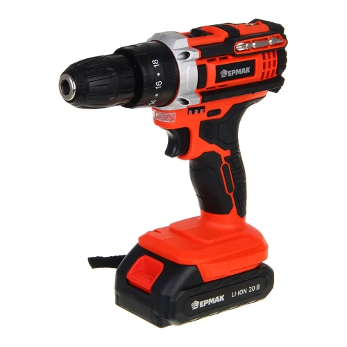 Дрель-шуруповерт аккумуляторный ударный ЕРМАК ДША-20, 20В, 2Ач, 0-400-1500 об.мин, 40 нм 691-046 Дрель-шуруповерт аккумуляторный ударный ЕРМАК ДША-20, 20В, 2Ач, 0-400-1500 об.мин, 40 нм 691-046