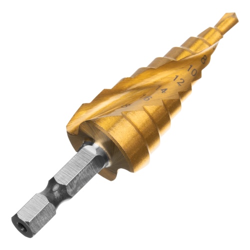 Сверло ступенчатое, 4-6-8-10-12-14-16-18-20 мм, HSS, спиральный профиль, шестигранный хвостовик Matrix фото 2