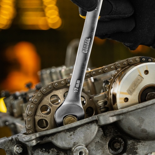 Ключ комбинированный трещоточный, 17 мм, CrV, матовый хром Denzel фото 9