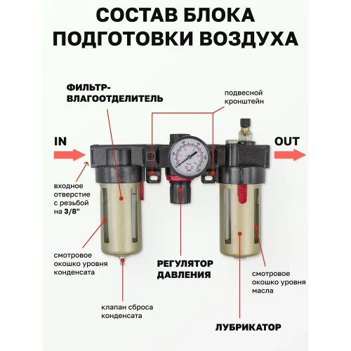 Блок подготовки воздуха с нижним расположением регулятора 3/8" фильтр-регулятор+лубрикатор (10 Мк, 1400 л/мин, 0-10 bar, рабочая температура 5-60°) Forsage F-BC3000(54462) фото 3 Блок подготовки воздуха с нижним расположением регулятора 3/8" фильтр-регулятор+лубрикатор (10 Мк, 1400 л/мин, 0-10 bar, рабочая температура 5-60°) Forsage F-BC3000(54462) фото 3