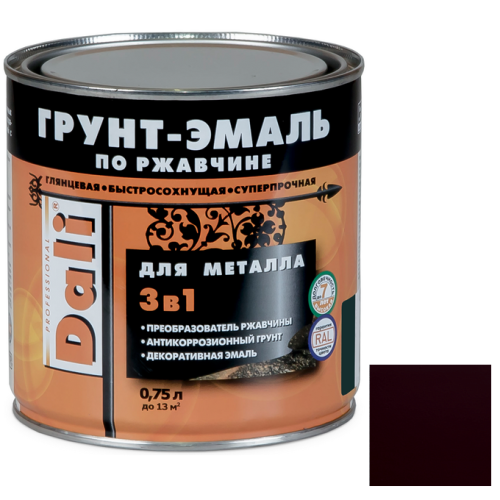 Грунт-эмаль по ржавчине Dali 3 в 1 гладкая винно-красная RAL 3005 0,75 л Грунт-эмаль по ржавчине Dali 3 в 1 гладкая винно-красная RAL 3005 0,75 л