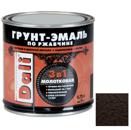 Грунт-эмаль по ржавчине Dali 3 в 1 молотковая коричневая 0,75 л