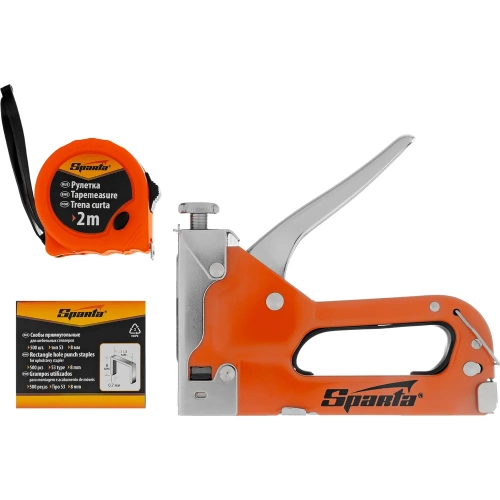 Набор SPARTA степлер мебельный регулируемый, скобы 500 шт, рулетка 2 м, тип скобы 53, 6-14 мм 42003 Набор SPARTA степлер мебельный регулируемый, скобы 500 шт, рулетка 2 м, тип скобы 53, 6-14 мм 42003