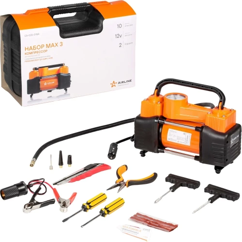 Двухпоршневой компрессор AIRLINE X5 с комплектом инструмента, 2 отвертки, ремкомплект для бескамерных шин, нож, плоcкогубцы CA-020-01NR