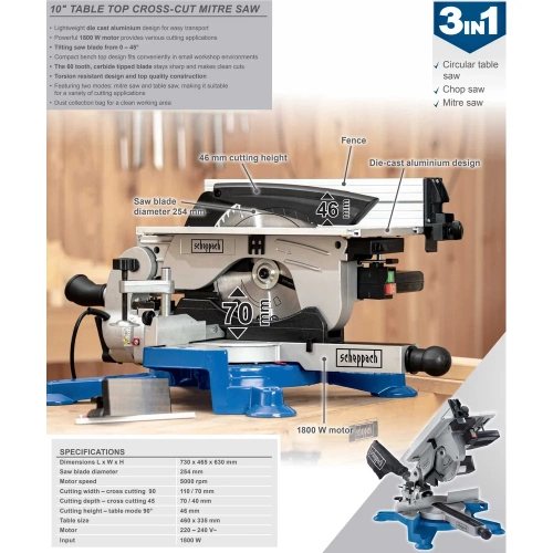 Настольная торцово-циркулярная пила 1800 Вт Scheppach HM100T 5901103901 фото 5