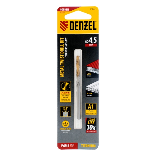 Сверло спиральное по металлу 4,5 x 80 мм, Р6М5, Golden Tip  Denzel фото 5