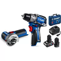 Дрель-шуруповерт ЗУБР Профессионал набор: дрель-шуруповерт + мини УШМ, 12 В, 45 Н·м, 2 АКБ тип Т7 (4 и 2 А·ч), кейс DB-121-42AB