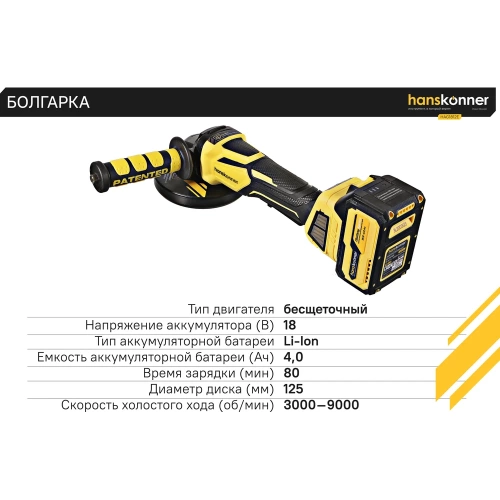 Аккумуляторная УШМ Hanskonner 1BatterySystem HAG1812E фото 4