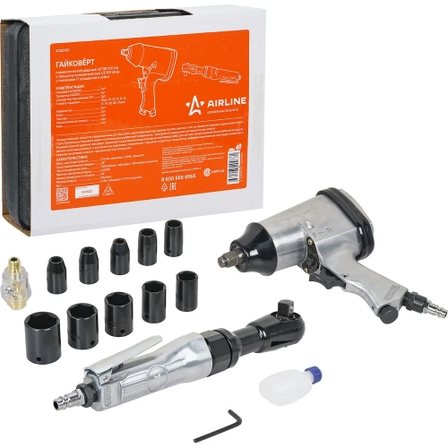 Пневматический ударный гайковерт и трещотка Airline 1/2"DR 312Нм, 1/2"DR 61Нм, с головками 17 предметов, кейс ATAZ100 фото 3
