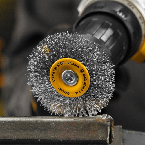 Щетка для дрели, 50 мм, Плоская, со шпилькой, нержавеющая витая проволока Denzel фото 10