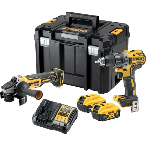 Набор электроинструмента Dewalt DCK2020P2T, 18 В: ударная дрель-шуруповерт DCD791 и угловая шлифмашина DCG405, с 2 АКБ 5 Ач и ЗУ, в кейсе TSTAK, DCK2020P2T-QW