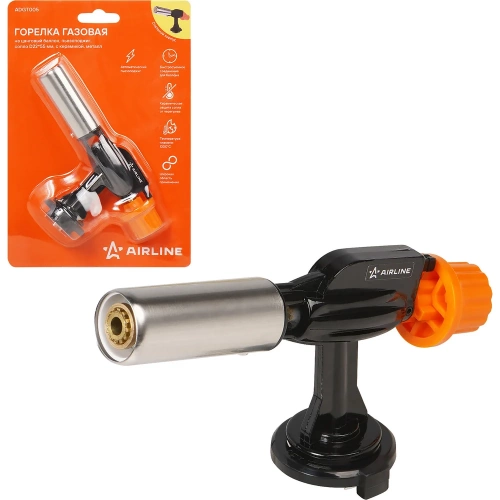 Горелка газовая Airline на цанговый баллон, пьeзоподжиг, сопло D22x55мм, с керамикой, металл ADGT005