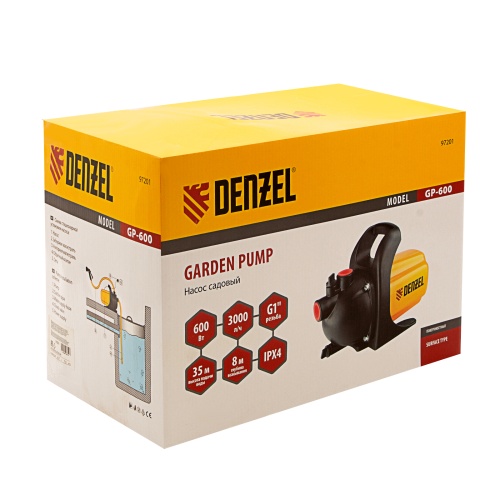 Садовый поверхностный насос GP 600, 600 Вт, 3000 л/ч, подъем 35 м, пластик Denzel фото 8