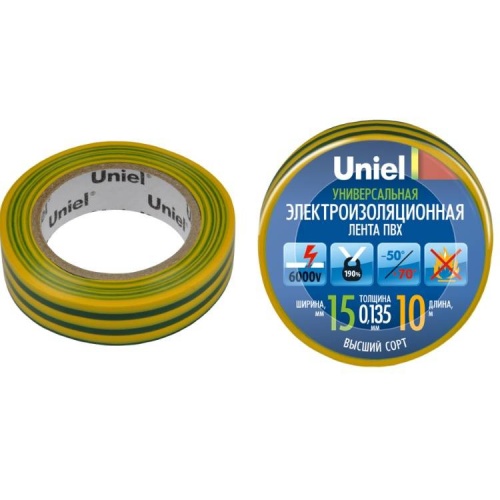 Лента изоляционная Uniel UIT-135P 10/15/01 YGR 15 мм 10 м желто-зеленая фото 3