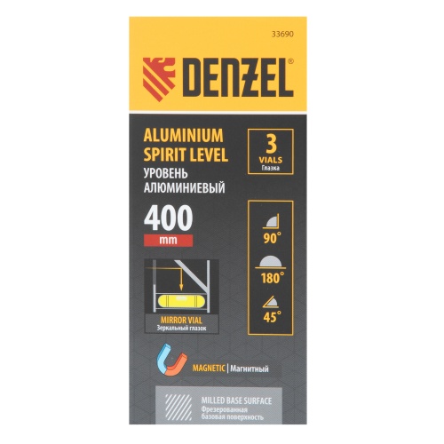 Уровень алюминиевый, магнит., фрезерованный, 3 глазка (1 зеркал.) 0,5 мм/м, 400 мм Denzel фото 9