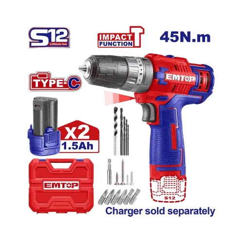 Аккумуляторная ударная дрель-шуруповерт emtop 0-400/0-1500 об/мин, максимальная скорость удара: 22500 об/мин, макс/крут 45 Нм ECIDL12620 фото 3 Аккумуляторная ударная дрель-шуруповерт emtop 0-400/0-1500 об/мин, максимальная скорость удара: 22500 об/мин, макс/крут 45 Нм ECIDL12620 фото 3