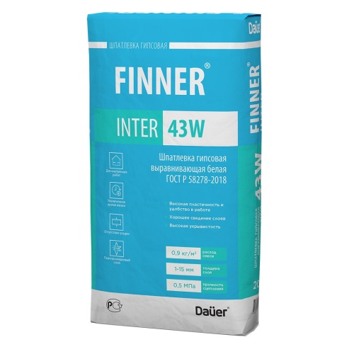 Шпатлевка гипсовая выравнивающая Dauer Finner Inter 43 W белая 20 кг фото 3