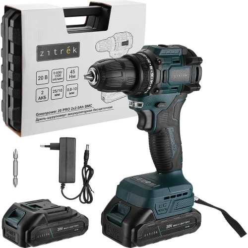 Дрель-шуруповерт аккумуляторная бесщеточная Zitrek Greenpower 20 PRO в кейсе, 20В, 2x2.0Ач 085-1314 Дрель-шуруповерт аккумуляторная бесщеточная Zitrek Greenpower 20 PRO в кейсе, 20В, 2x2.0Ач 085-1314