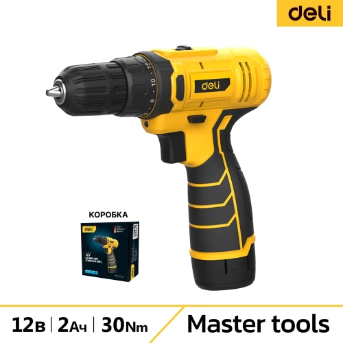 Дрель-шуруповерт аккумуляторная DELI DL-DZ12-4A2 1 акб, 12В х 2Ач, ЗУ, 30 Нм, коробка 164628 Дрель-шуруповерт аккумуляторная DELI DL-DZ12-4A2 1 акб, 12В х 2Ач, ЗУ, 30 Нм, коробка 164628