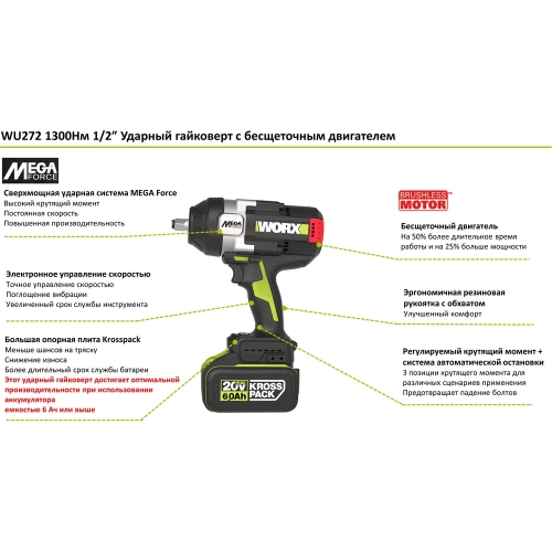 Аккумуляторный ударный гайковерт WORX Professional WU272.9 фото 4