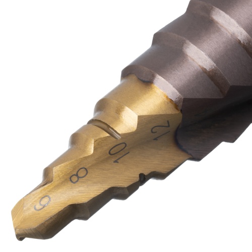 Сверло ступенчатое, 6-8-10-12-14-16-18-20-22-24-26-28-30мм, Р6М5К5, 6-гр. хвостовик Denzel фото 4