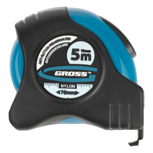 Рулетка "Schlagfest",5 м x 19 мм,магнитный обрезиненный зацеп,двусторонняя шкала,Нейлоновое покрытие,автоматическая фиксация Gross фото 4 Рулетка "Schlagfest",5 м x 19 мм,магнитный обрезиненный зацеп,двусторонняя шкала,Нейлоновое покрытие,автоматическая фиксация Gross фото 4