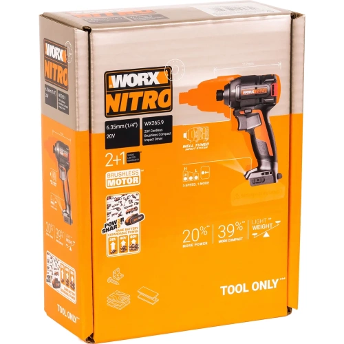 Винтоверт ударный WORX бесщеточный аккумуляторный, 20В, 200Нм, без АКБ и ЗУ, коробка WX265.9 фото 11 Винтоверт ударный WORX бесщеточный аккумуляторный, 20В, 200Нм, без АКБ и ЗУ, коробка WX265.9 фото 11
