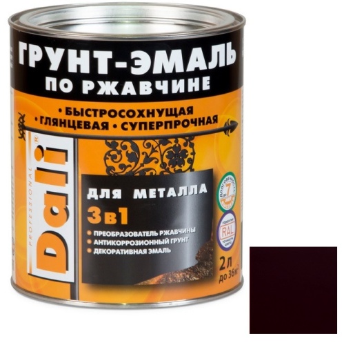 Грунт-эмаль по ржавчине Dali 3 в 1 гладкая винно-красная RAL 3005 2 л Грунт-эмаль по ржавчине Dali 3 в 1 гладкая винно-красная RAL 3005 2 л