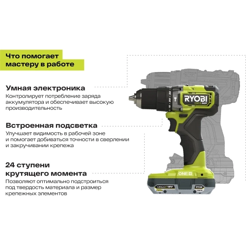 Дрель-шуруповерт ударная бесщеточная Ryobi ONE+ RPD18C-220S 5133004982 фото 3 Дрель-шуруповерт ударная бесщеточная Ryobi ONE+ RPD18C-220S 5133004982 фото 3