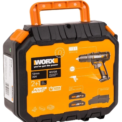 Аккумуляторная дрель-шуруповерт WORX WX108 45Нм, 20В, 2Ач x2, ЗУ 2А, кейс фото 3 Аккумуляторная дрель-шуруповерт WORX WX108 45Нм, 20В, 2Ач x2, ЗУ 2А, кейс фото 3
