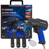 Пневмогайковерт ударный Forsage "Twin Hammer" с регулировкой усилия в облегченном корпусе 1/2" + набор головок F-82549K4(48139)