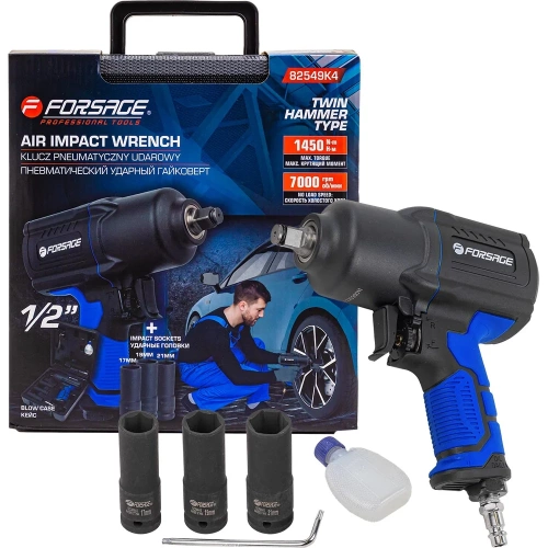 Пневмогайковерт ударный Forsage "Twin Hammer" с регулировкой усилия в облегченном корпусе 1/2" + набор головок F-82549K4(48139) Пневмогайковерт ударный Forsage "Twin Hammer" с регулировкой усилия в облегченном корпусе 1/2" + набор головок F-82549K4(48139)