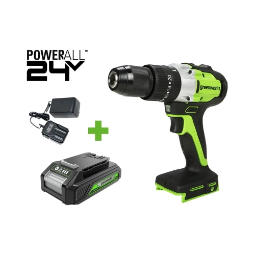 Дрель-шуруповерт ударная GreenWorks GD24DD60, 24V, б/щет, 0-450/0-1700 об/мин, 30/60Нм, 1x2Ач, ЗУ, кор 3704107VUA Дрель-шуруповерт ударная GreenWorks GD24DD60, 24V, б/щет, 0-450/0-1700 об/мин, 30/60Нм, 1x2Ач, ЗУ, кор 3704107VUA