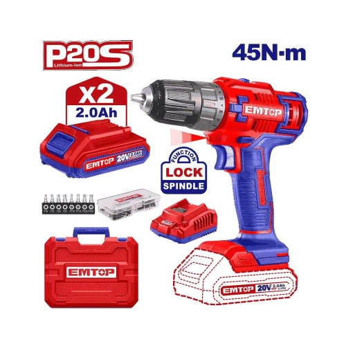 Аккумуляторная дрель-шуруповерт emtop 20 В, 0-400/0-1500 об/мин, 45 Нм, пластиковый патрон ECDL200528 фото 3 Аккумуляторная дрель-шуруповерт emtop 20 В, 0-400/0-1500 об/мин, 45 Нм, пластиковый патрон ECDL200528 фото 3