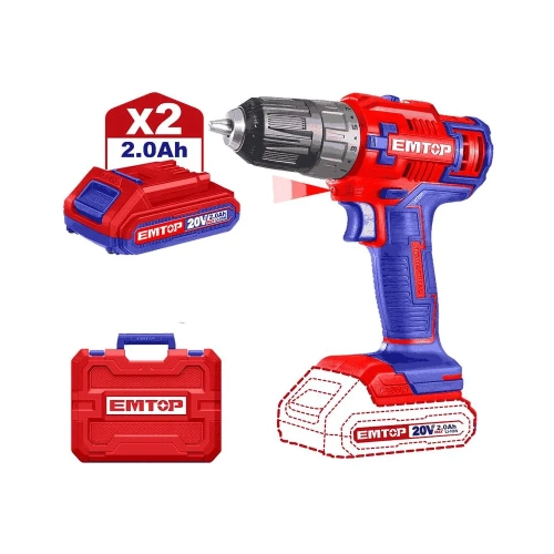 Аккумуляторная дрель-шуруповерт emtop 20 В, 0-400/0-1500 об/мин, 45 Нм, пластиковый патрон ECDL200528 Аккумуляторная дрель-шуруповерт emtop 20 В, 0-400/0-1500 об/мин, 45 Нм, пластиковый патрон ECDL200528