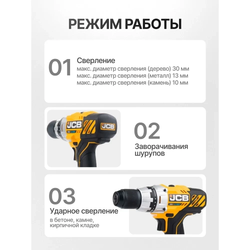 Дрель-шуруповерт JCB аккумуляторная (-18DD-B-E) 18V, max 45Nm в комплекте с зарядным устройством (-18VFC-E) 2.4A и батареей аккум(-20LI-E) 2.0AH JCB-18DD-2X-E(57237) фото 4