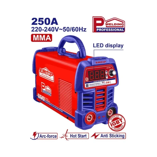 Инверторный сварочный аппарат EMTOP MMA выходной ток: 15-250 А, рабочий цикл: 250 А при 60 С%, светодиодный дисплей, напряжение холостого хода: 80 В EWDEM2561 фото 3
