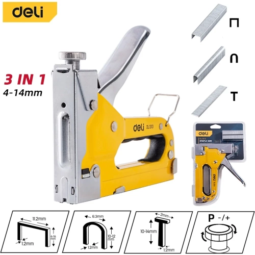 Cтроительный мебельный регулируемый металлический степлер DELI DL1313 3-в-1, скобы D/U/T-типов, 4-14 мм, 600 скоб в комплекте 98416 Cтроительный мебельный регулируемый металлический степлер DELI DL1313 3-в-1, скобы D/U/T-типов, 4-14 мм, 600 скоб в комплекте 98416