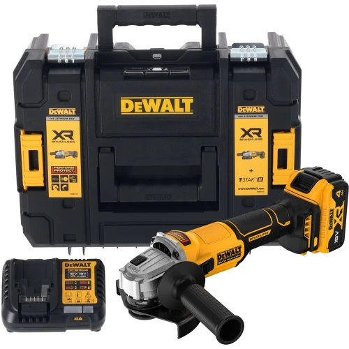 Аккумуляторная угловая шлифмашина DEWALT DCG407M1T, 18 В, 125 мм, 9000 об/мин, с 1 АКБ 4 Ач и ЗУ, в кейсе TSTAK () DCG407M1T-QW