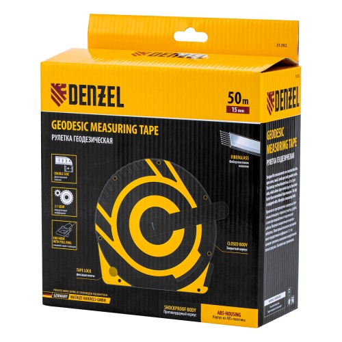 Рулетка геодезическая 50 м х 15 мм, закрытый корпус, фиберглассовая лента Denzel фото 10