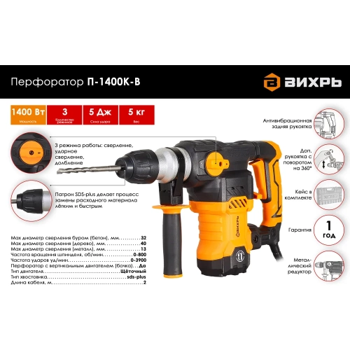 Перфоратор Вихрь П-1400к-в 72/3/8 фото 4 Перфоратор Вихрь П-1400к-в 72/3/8 фото 4