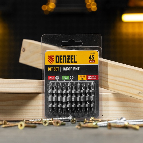 Бита двухсторонняя, PH2-PZ2 х 45 мм, сталь S2, 10 шт. Denzel фото 6