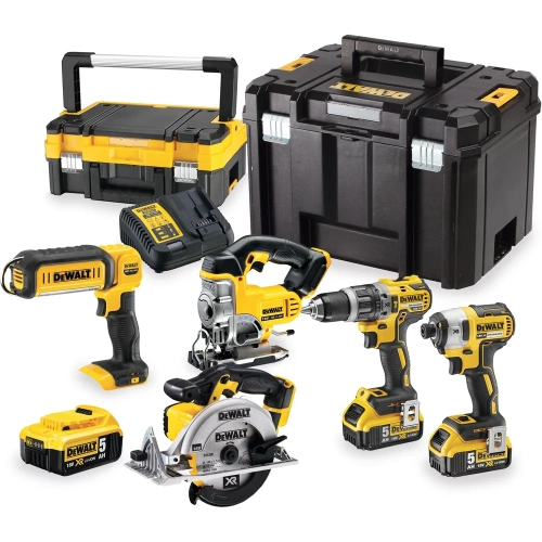 Аккумуляторный набор Dewalt DCK551P3T, 18 В: дрель + шуруповерт + пила + лобзик + фонарь, с 3 АКБ 5 Ач и ЗУ, в 2 кейсах TSTAK DCK551P3T-QW