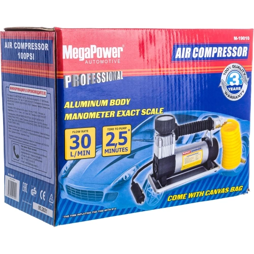 Поршневой компрессор 100PSI удлиненный шланг, в сумке 12V MEGAPOWER M-19010 фото 4 Поршневой компрессор 100PSI удлиненный шланг, в сумке 12V MEGAPOWER M-19010 фото 4