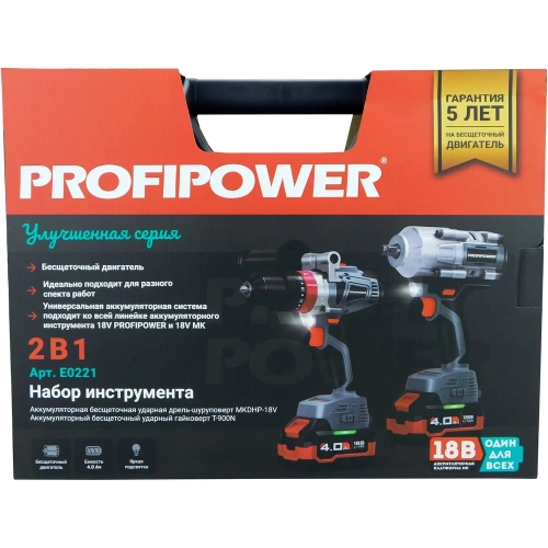Аккумуляторный бесщеточный набор 2в1 Profipower ProfiSet 2С18, Li-ion 2шт, 4Ач, адаптер HEX, набор головок, З/У, кейс, E0186, E0087, E0221 фото 5 Аккумуляторный бесщеточный набор 2в1 Profipower ProfiSet 2С18, Li-ion 2шт, 4Ач, адаптер HEX, набор головок, З/У, кейс, E0186, E0087, E0221 фото 5