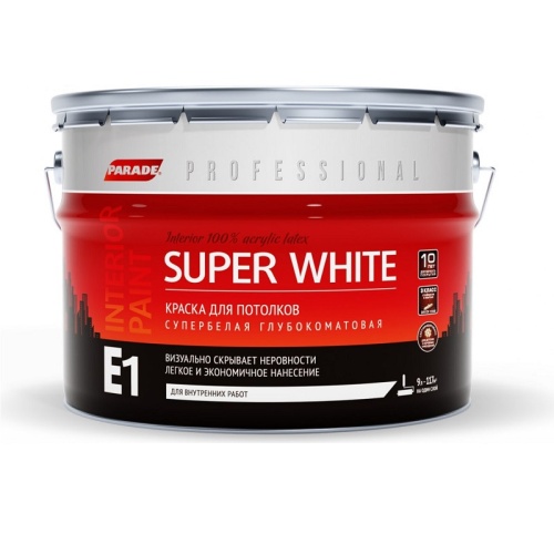 Краска для потолка Parade Super White E1 база А 9 л Краска для потолка Parade Super White E1 база А 9 л