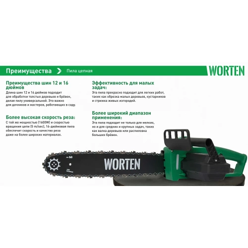 Электрическая цепная пила, WORTEN шина 16 дюймов 1600 Вт КА-90000347 фото 9