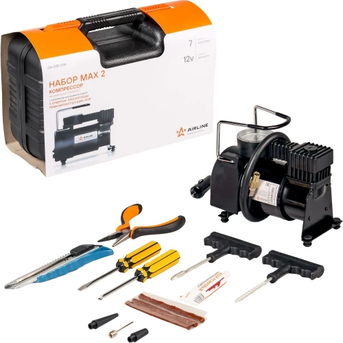 Компрессор AIRLINE TORNADO S с комплектом инструментов, в кейсе, 2 отвертки, ремкомплект для бескамерных шин, нож, плоcкогубцы CA-020-01N